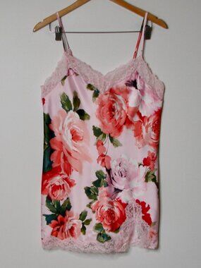 Pink Floral Lace Satin Chemise Nightgown Slip Dress Cabbage Rose Silky Small